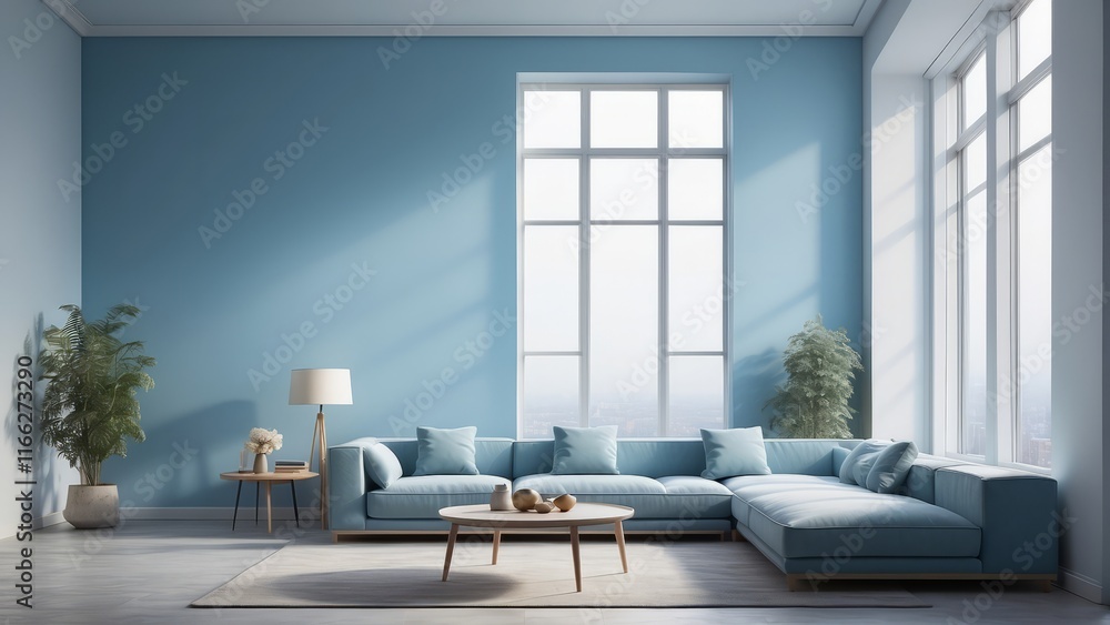 minimalist living room with large window on Frost Blue wall color