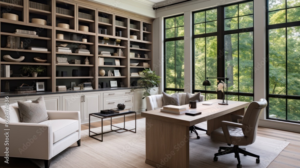 Stylish home office or library with custom built in bookshelves, comfortable seating, and inspiring views for a tranquil workspace